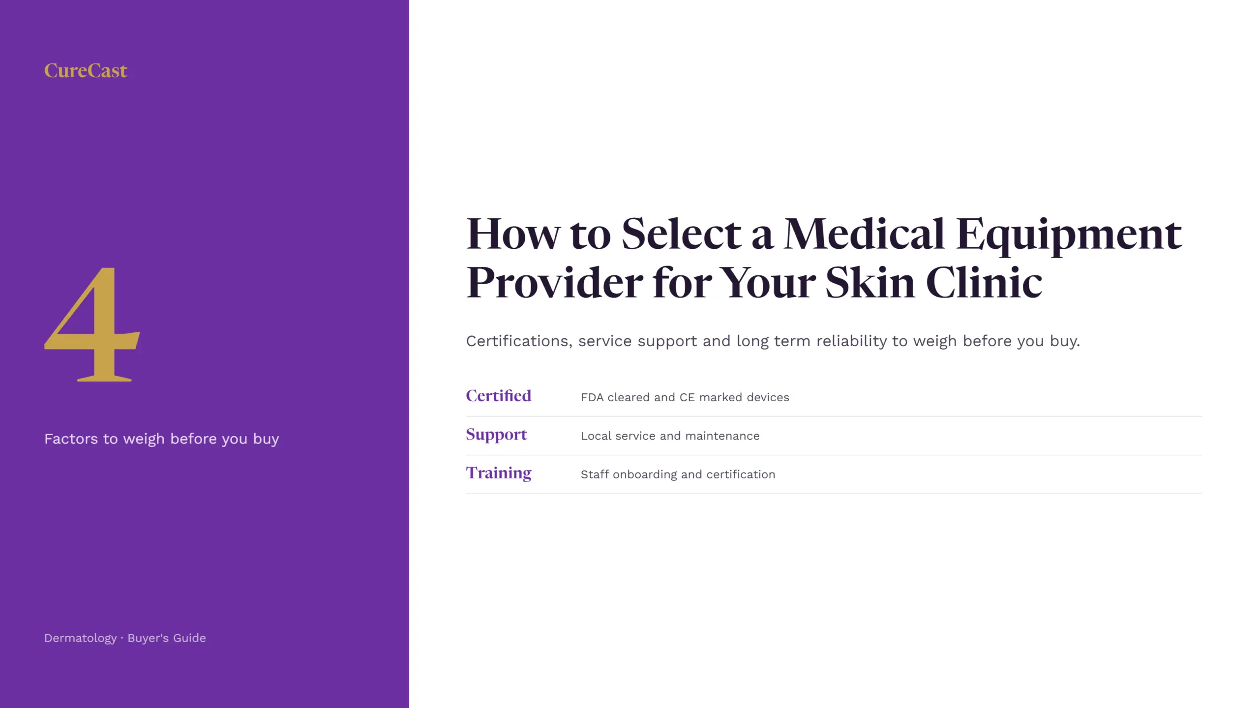 CureCast graphic on selecting a medical equipment provider for skin clinics, certifications, support and training factors