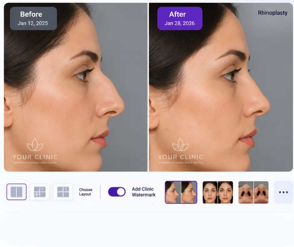 Rhinoplasty before and after comparison with clinic watermark in CureCast photo management software