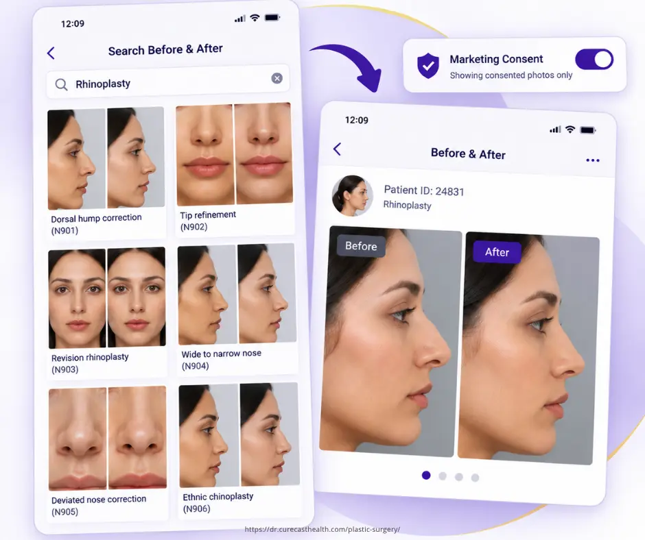 CureCast Before and After Comparison Tool Building a rhinoplasty before and after comparison with marketing consent toggle in CureCast