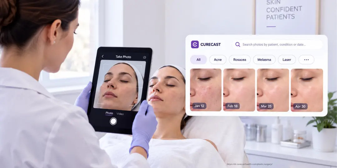 Dermatologist capturing patient skin photo on tablet using CureCast