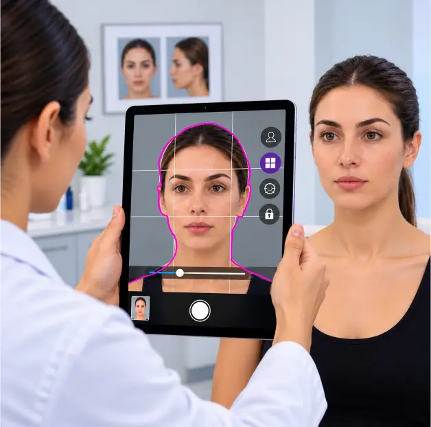 Consistant Clinical Photography for Medical Spa Med spa provider using an iPad with CureCast's TrueAlign Match to align a patient's face with a ghost outline of an earlier photo before an injectable treatment photo