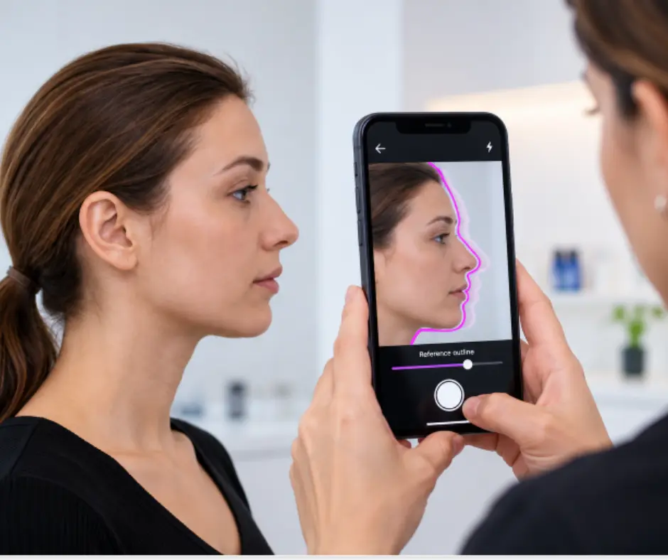 TrueAlign Match rhinoplasty photo alignment Plastic surgeon using CureCast's TrueAlign Match to line up a rhinoplasty follow-up photo with a ghost outline of the patient's earlier profile photo on a phone screen