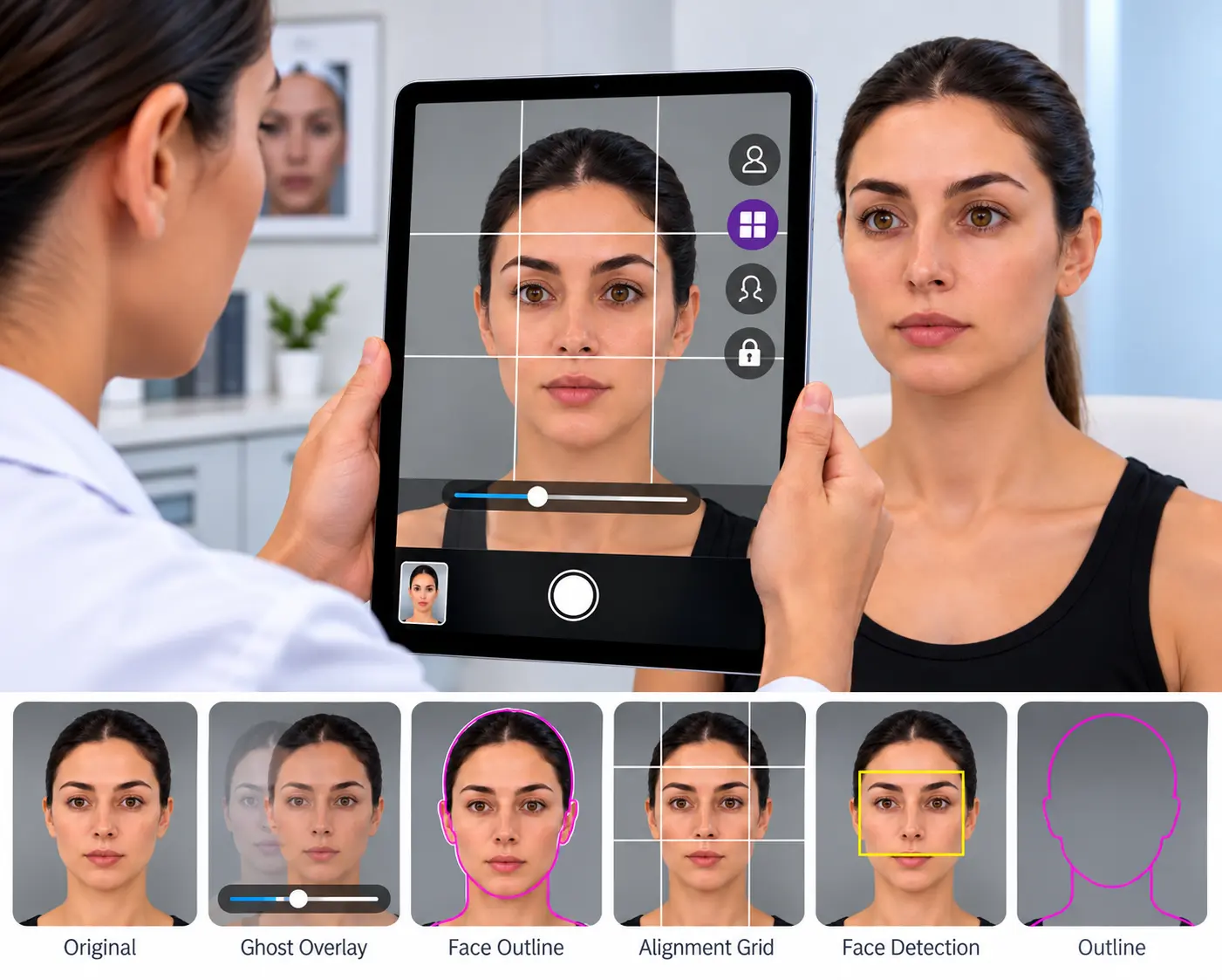 CureCast TrueAlign Match camera on iPad showing alignment guides, with examples of ghost overlay, face outline and alignment grid views for consistent before and after photos