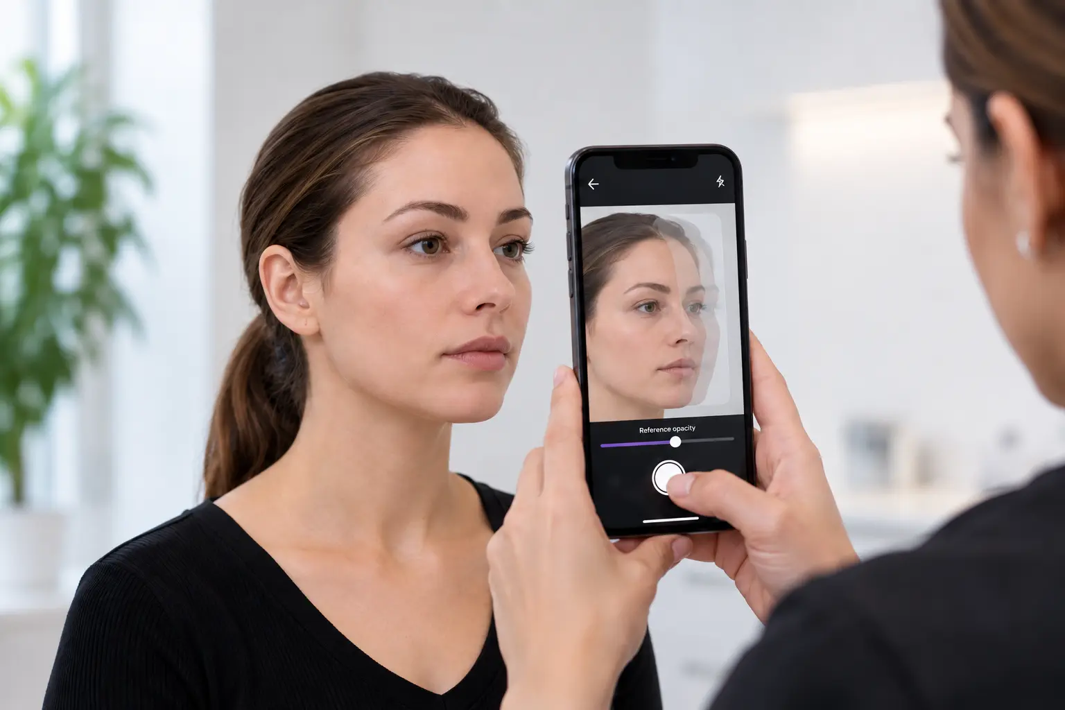 Clinician using CureCast's TrueAlign Match to align a patient's photo with an earlier reference photo shown as a ghost overlay, keeping every follow-up photo consistent