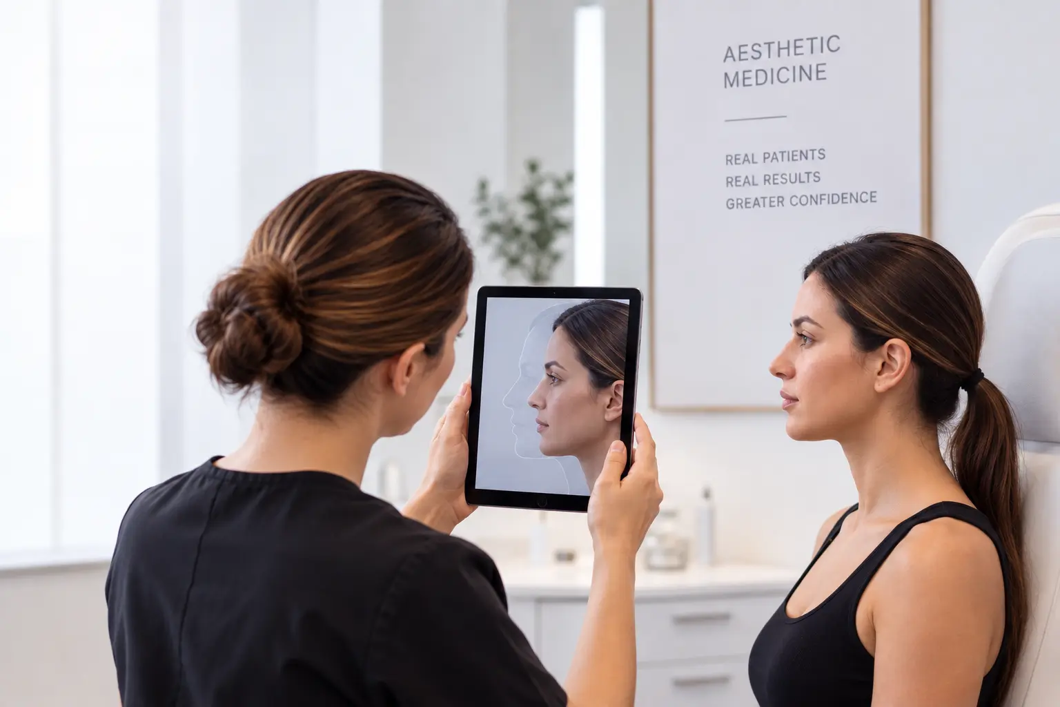 Aesthetic clinician using the CureCast app on a tablet to match a patient's profile photo with an outline overlay in a treatment room
