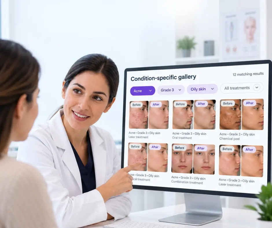 Condition specific acne gallery filtered by grade and skin type in CureCast dermatology photo software