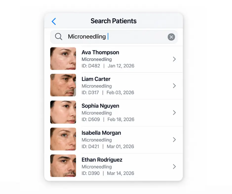 Searching microneedling patient photos by treatment in CureCast dermatology photo management app