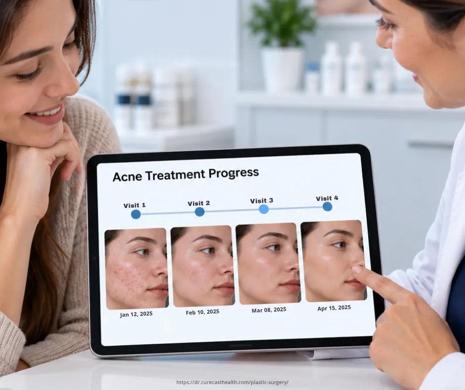 Acne treatment progress photo timeline across four visits in CureCast dermatology software