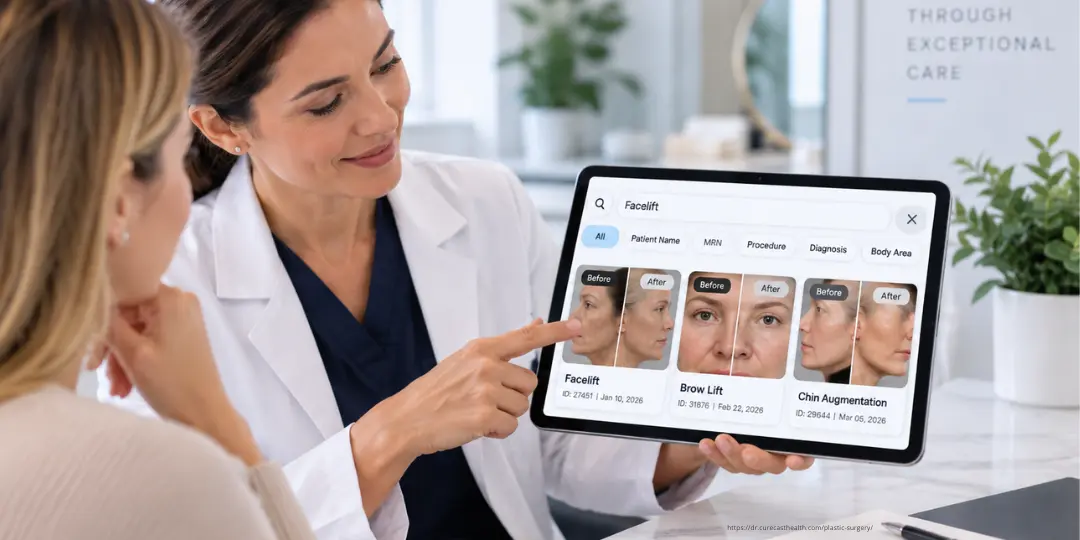 CureCast Clinical Photo Demo Doctor showing facelift before and after photos to patient on tablet using CureCast