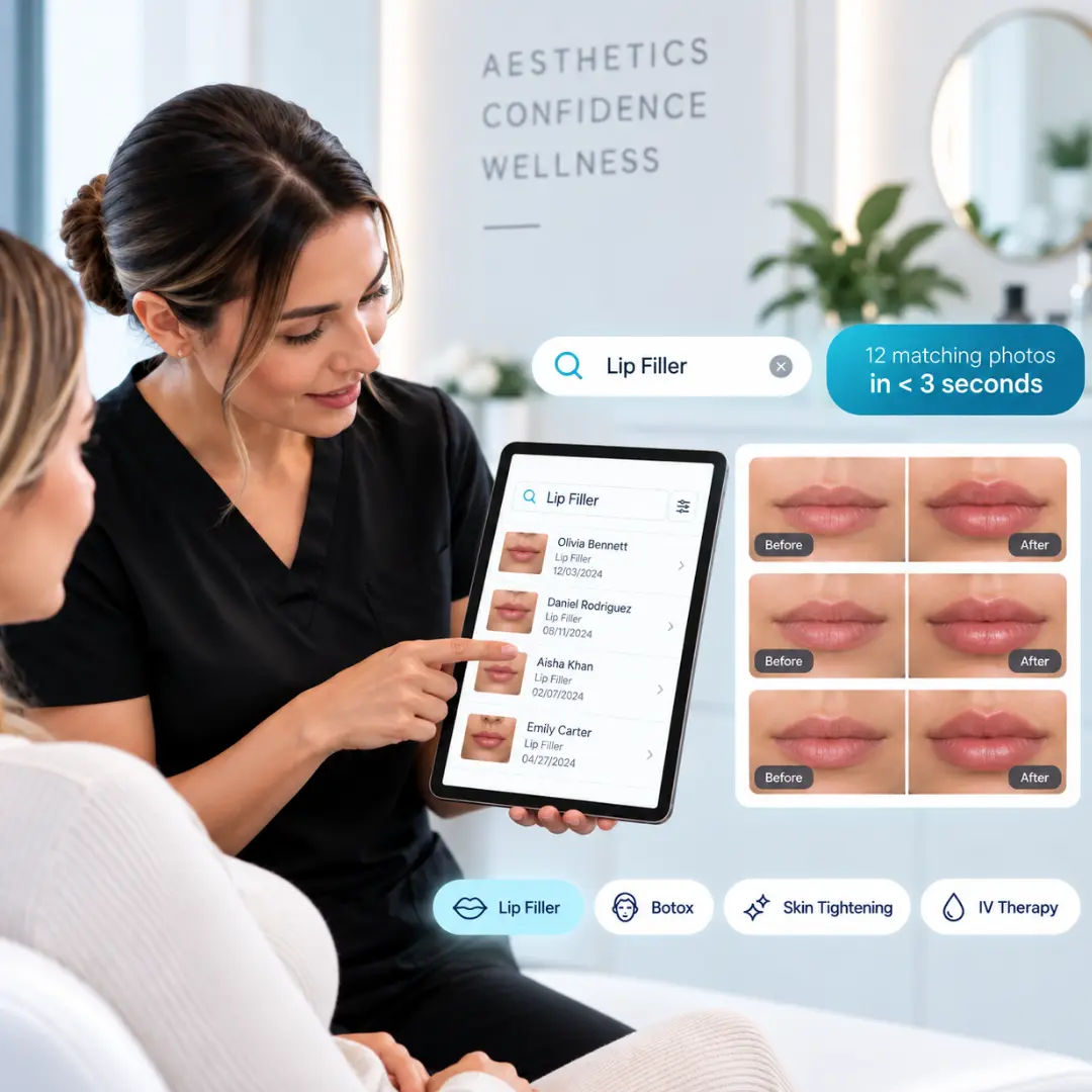 Medical Spa Clinical Photo Management Software Medical spa clinical photo management software showing client before/after search on CureCast