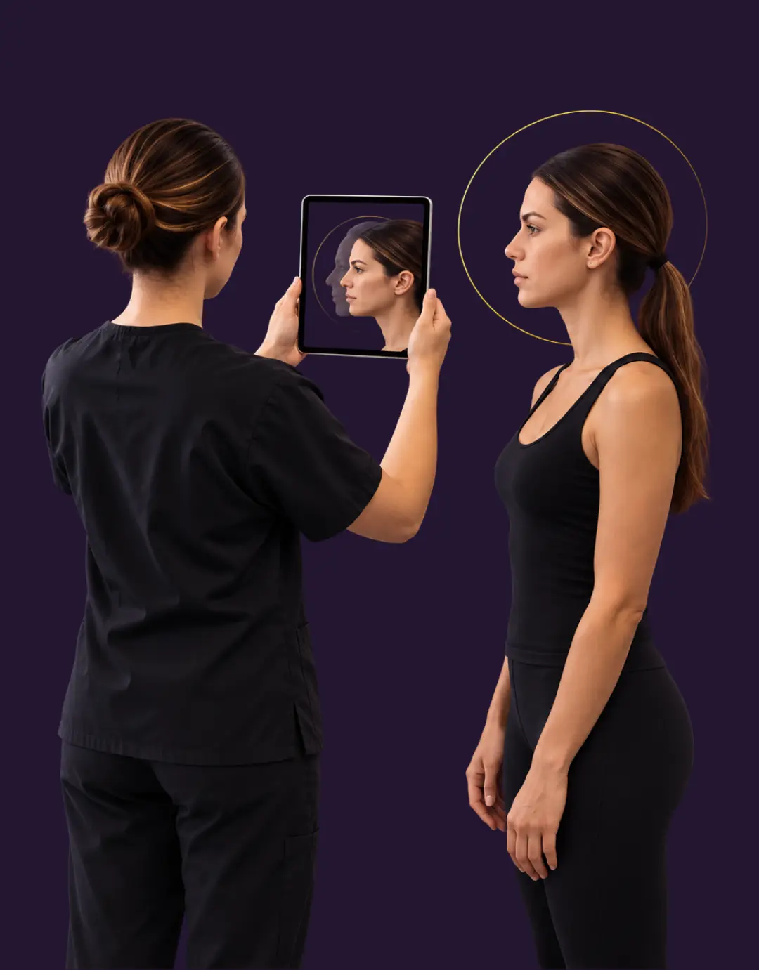 Clinician holding an iPad to capture a consistent side profile photo of a patient, with the earlier photo shown as a ghost overlay on screen