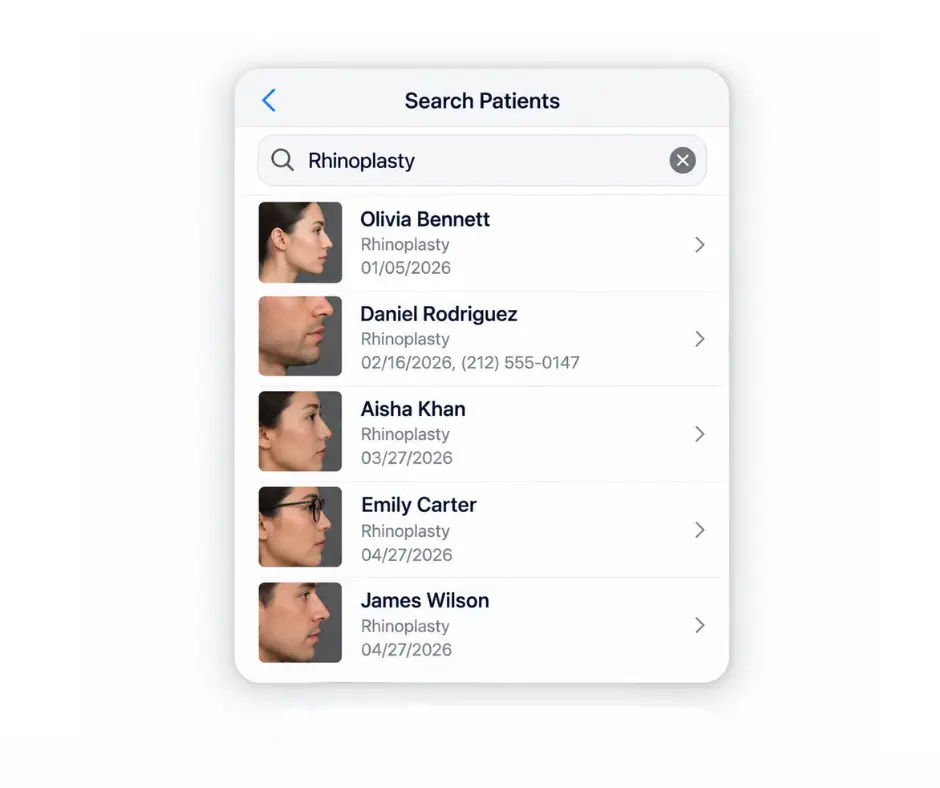 CureCast Patient Photo Search Searching rhinoplasty patient photos by treatment name in CureCast clinical photo management software