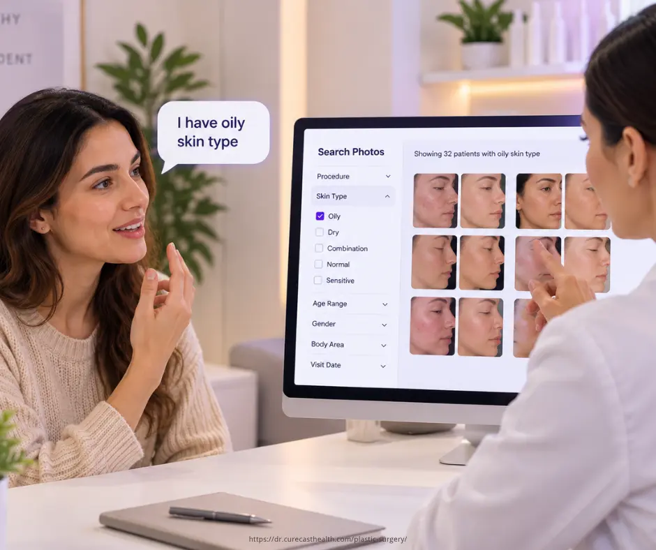 Searching clinical photos by skin type and procedure in CureCast photo management app