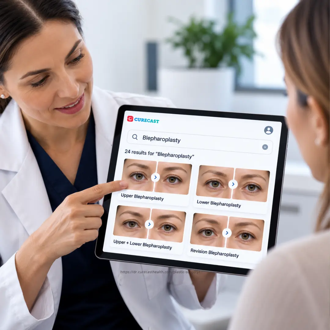 Clinician showing treatment-specific before and after gallery in CureCast clinical photo management app
