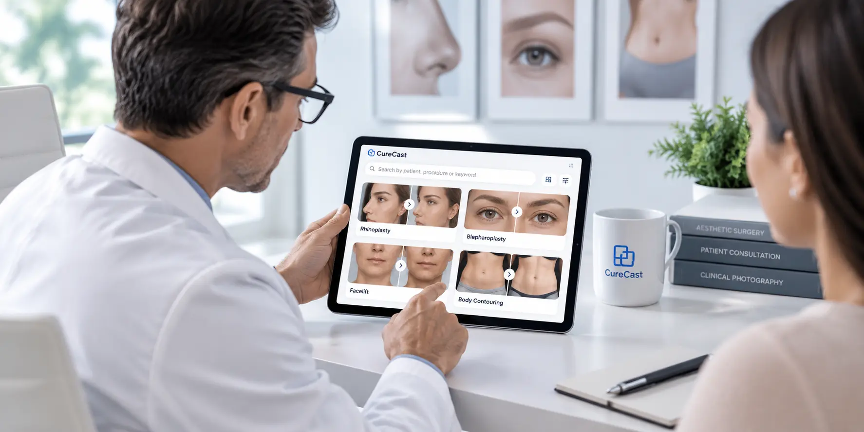 CureCast Plastic Surgery Consultation App Plastic surgeon using CureCast photo management app during patient consultation