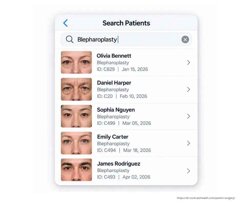 Blepharoplasty patient search in CureCast plastic surgery photo management app