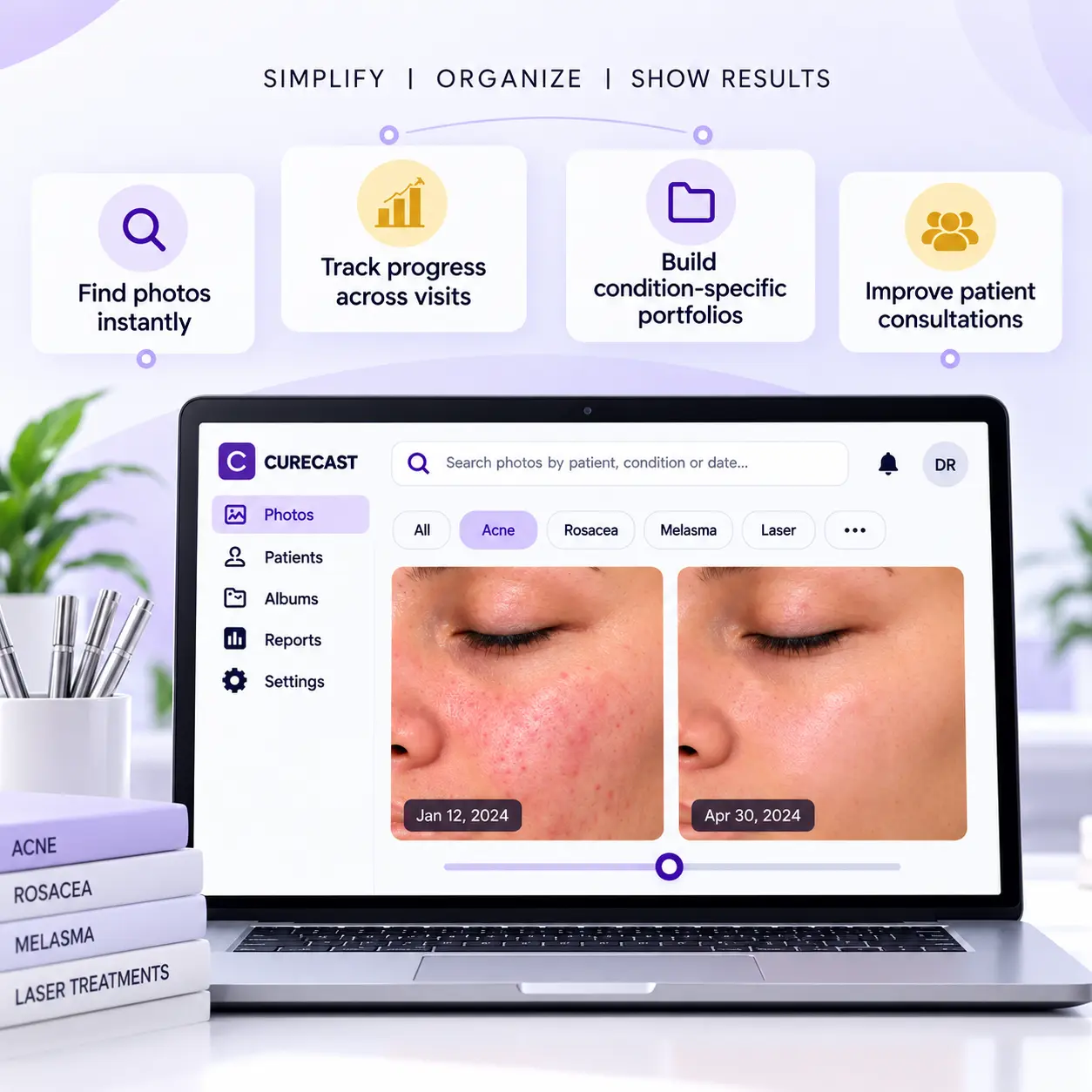 Dermatology photo management software tracking skin progress across visits in CureCast