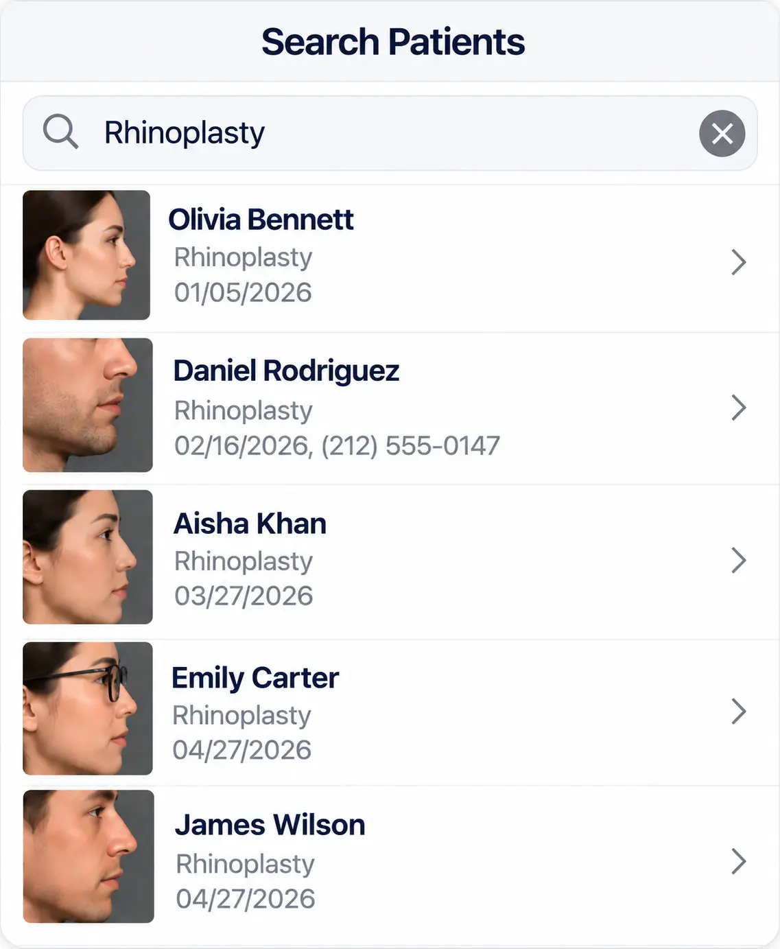 Searching rhinoplasty patient photos by treatment name in CureCast clinical photo management software