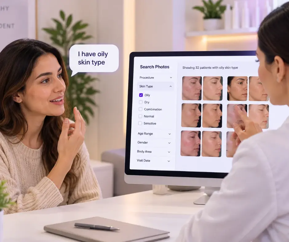 Searching clinical photos by skin type and procedure in CureCast photo management app