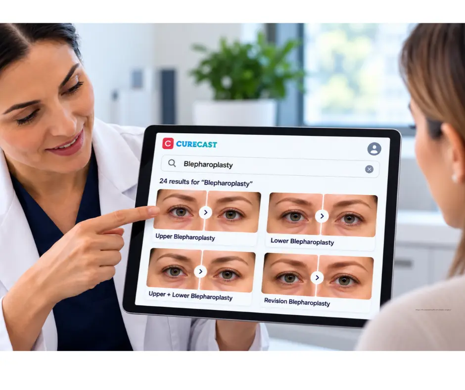 Clinician showing treatment-specific before and after gallery in CureCast clinical photo management app