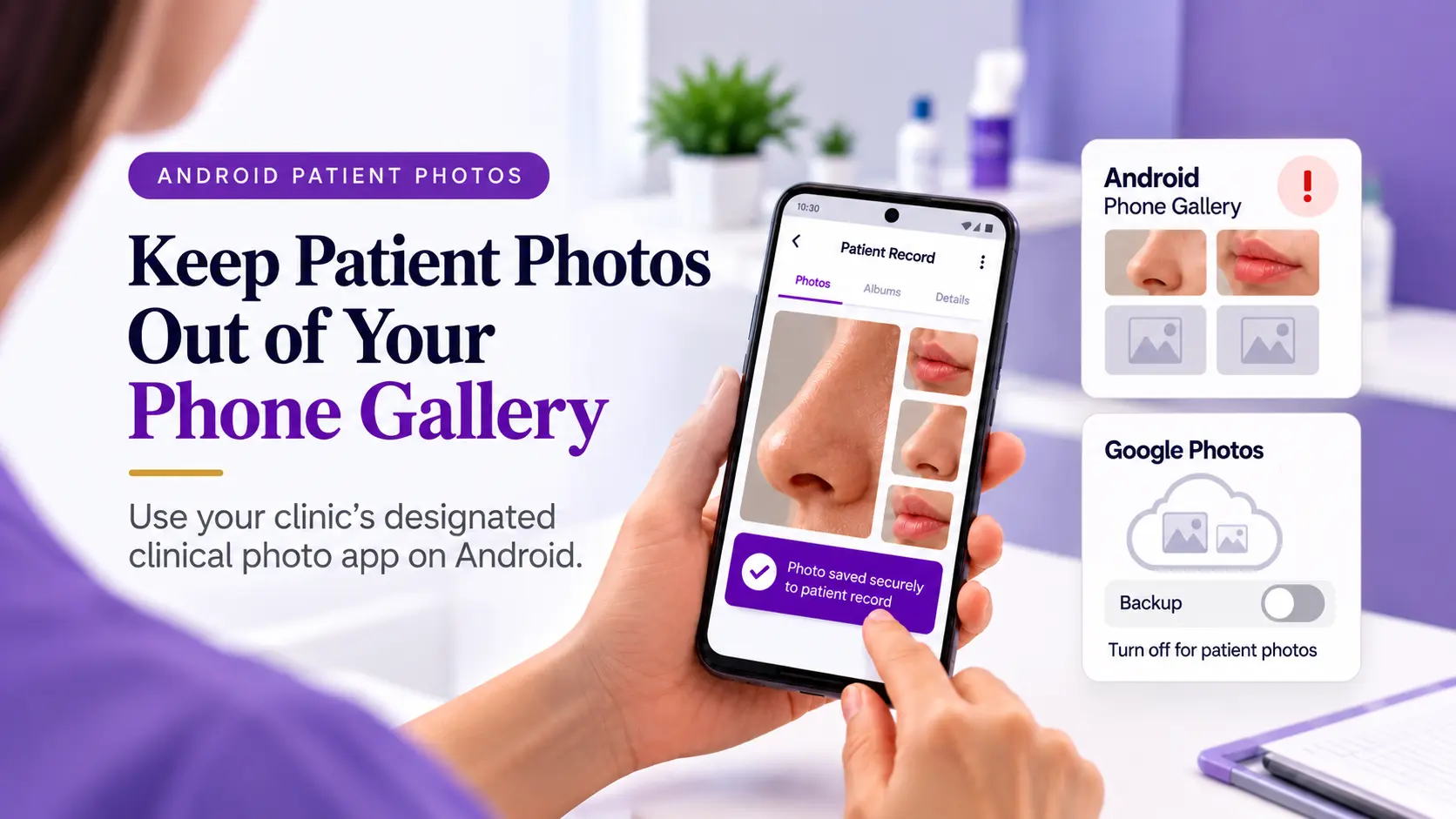 Clinic staff member saving a photo to a patient record in a clinical photo app on an Android phone