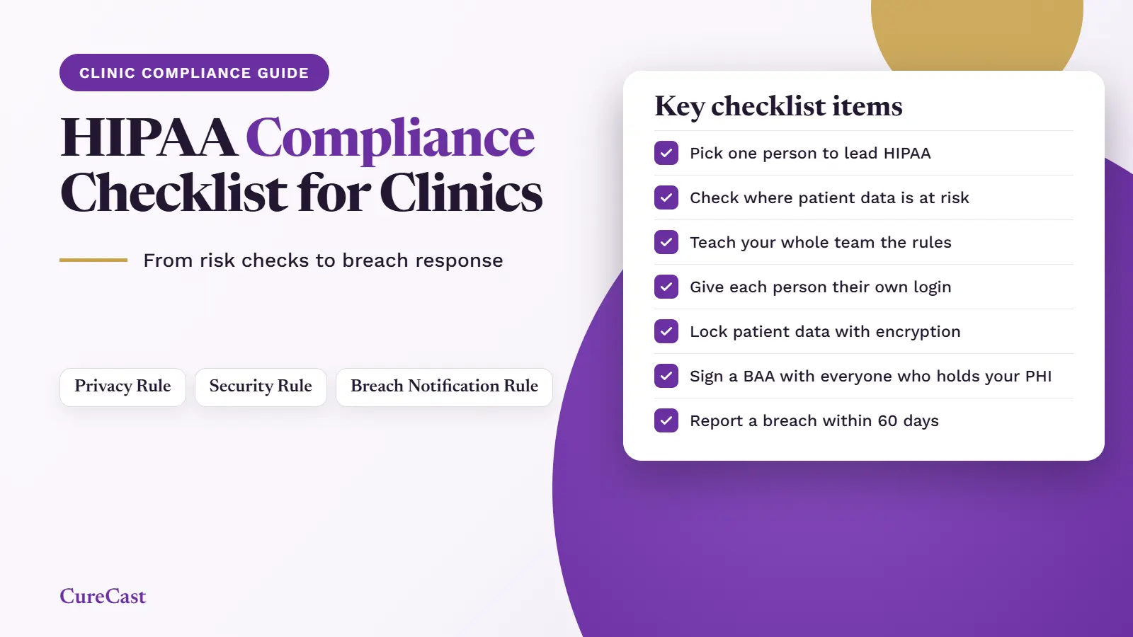 Card titled "Key checklist items" for the HIPAA compliance checklist for clinics: pick one person to lead HIPAA, check where patient data is at risk, teach your whole team the rules, give each person their own login, lock patient data with encryption, sign a BAA with everyone who holds your PHI, and report a breach within 60 days. Chips show the Privacy Rule, Security Rule and Breach Notification Rule.