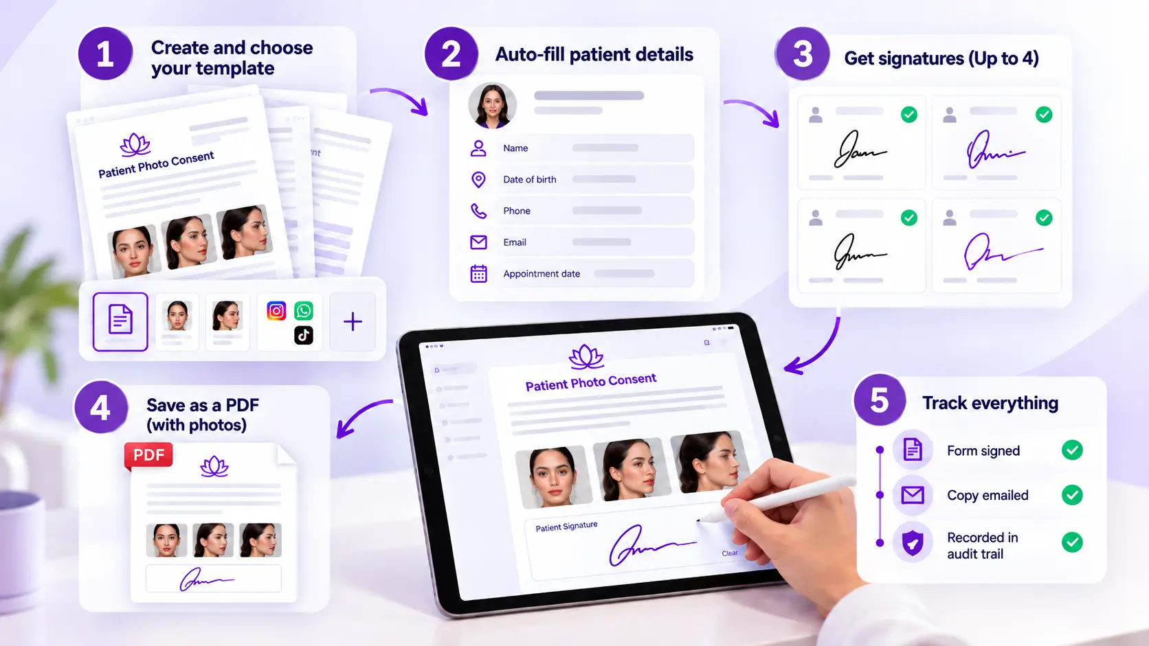 Patient Photo Consent Form Workflow in CureCast Five-step patient photo consent form workflow: template, auto-fill details, up to four signatures, PDF, tracking