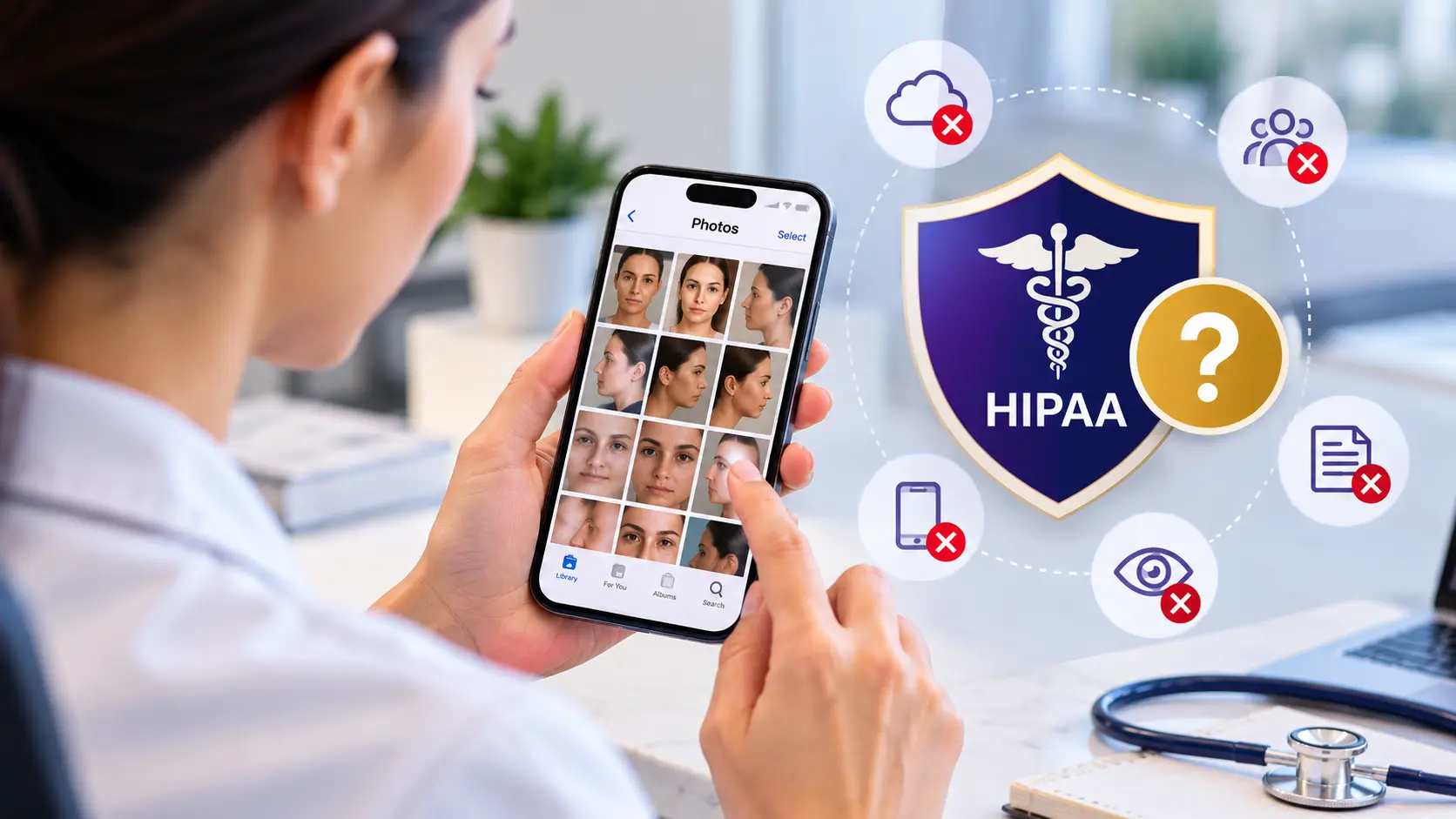 Clinician viewing patient photos on a smartphone with HIPAA privacy and security risk symbols.