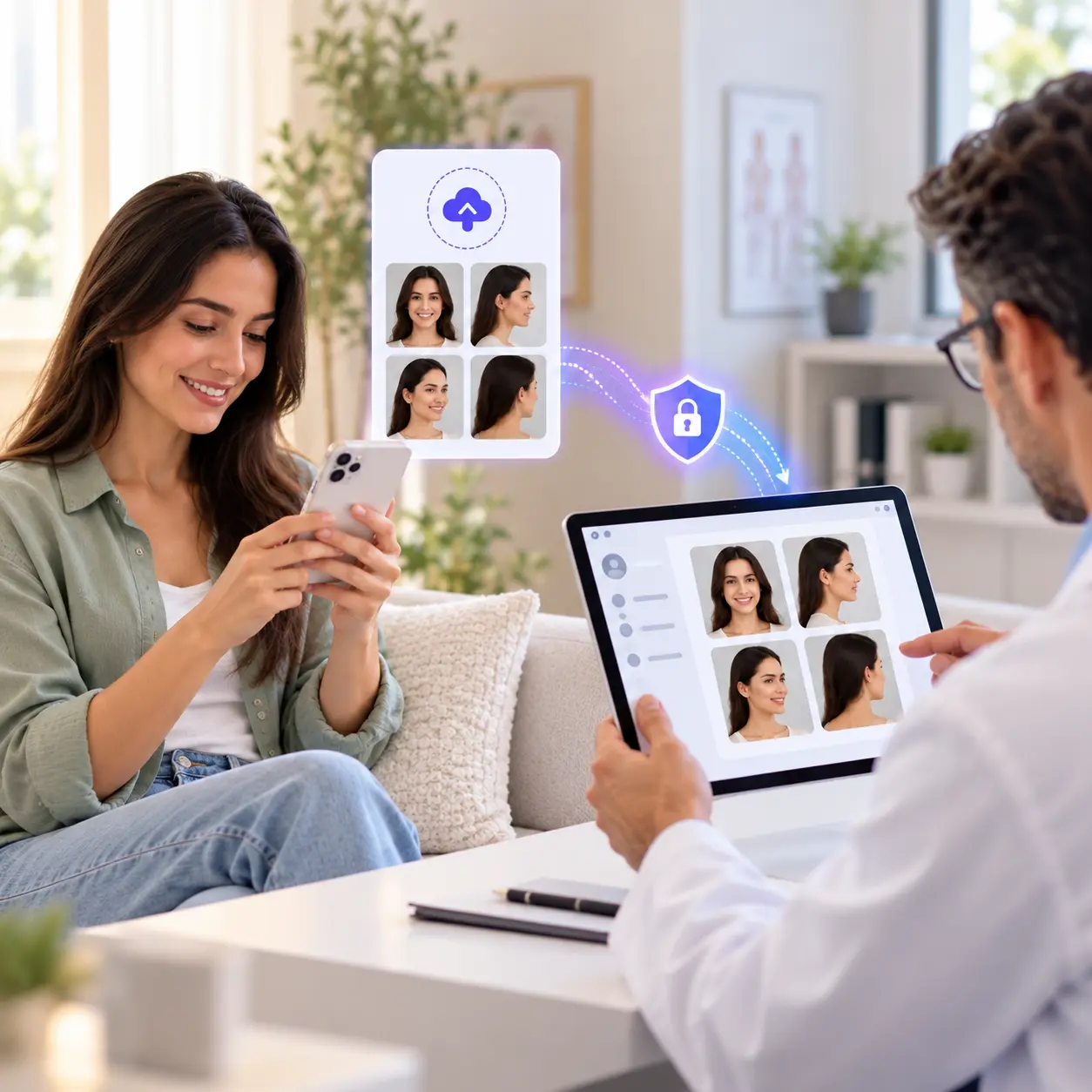 Patient sends post-op photos to surgeon securely Smiling patient on sofa uploads front and side profile photos from her phone to a surgeon reviewing them on a tablet
