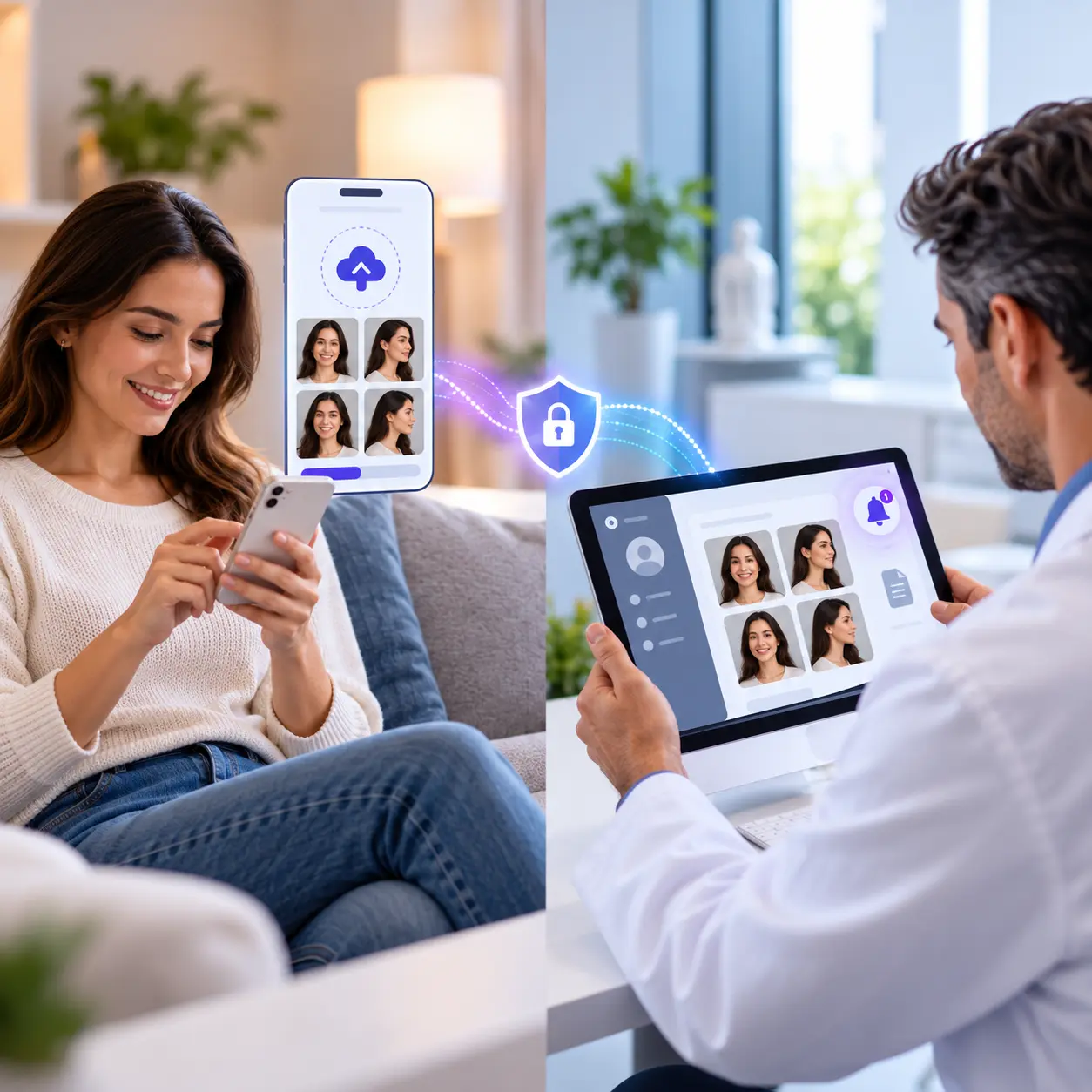 Patient uploading photos from her phone while a doctor reviews them securely on a tablet